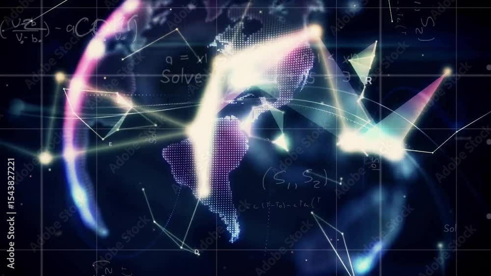 Poster on turquoise light bursting glowing polygons drifting over grid into rotating globe to show network