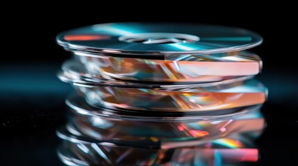 A captivating composition of transparent discs reflecting colorful lights, symbolizing the intersection of technology and art with a modern, sleek aesthetic.