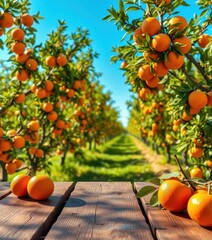 Sun-drenched orange orchard backdrop, rustic wooden table, photography, picture