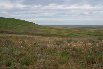 Picturesque slopes of the highest point of the Caspian lowland - Bolshoe Bogdo Mountains on a...