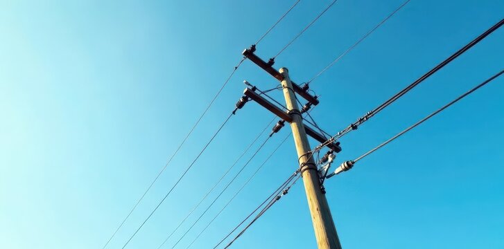 Tall utility pole with numerous electrical wires extending outwards , energy, communication lines, telephone lines