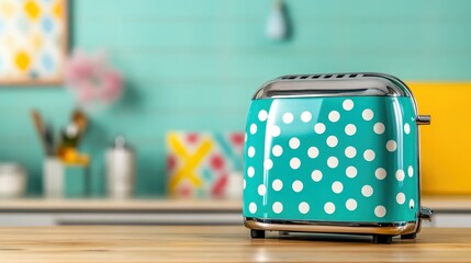 A stylish retro toaster with a turquoise body and white polka dots, showcasing playful vintage design that adds a touch of fun to any kitchen setting.