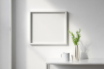 White frame mockup square with plant vase on table for artwork presentation