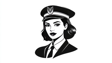 A monochrome illustration of a confident female pilot wearing a uniform and cap with an aviation emblem, isolated on white background, transparent background