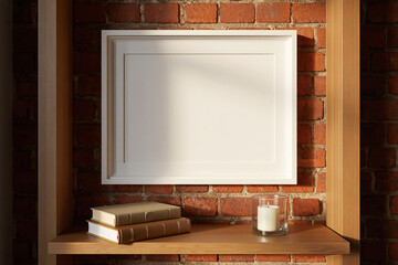 White frame mockup on brick wall with books and candle interior design
