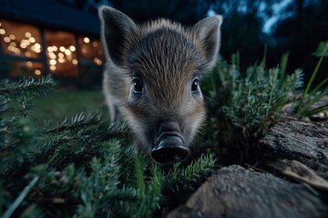 Fototapeta premium Adorable Wild Boar Piglet in Night Garden Close Up