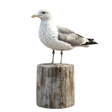 A seagull with white and gray feathers stands on a weathered wooden post, facing left, isolated on white background, transparent background.