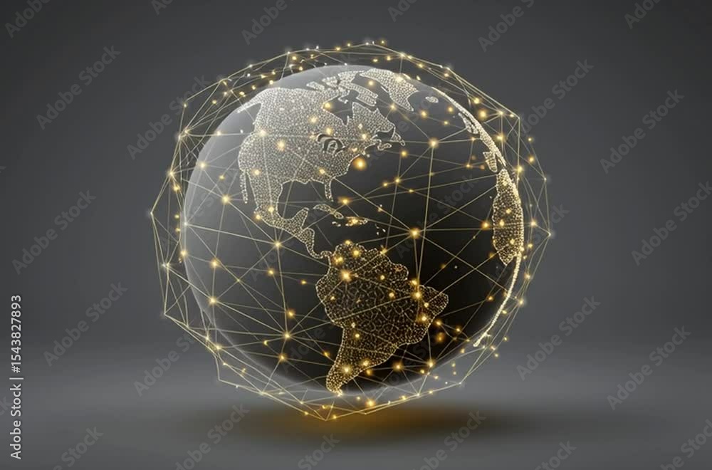 Poster abstract global network concept with planet earth and connecting dots, lines in a gray background ge