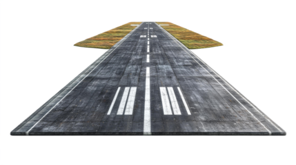 A detailed view of an asphalt runway with white markings and yellow runway edge lights extending into the distance, isolated on white background, transparent background.