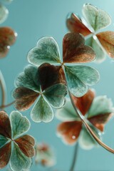 Close-up of several translucent clover leaves, various shades of green and reddish-brown, against a light teal background; water droplets visible