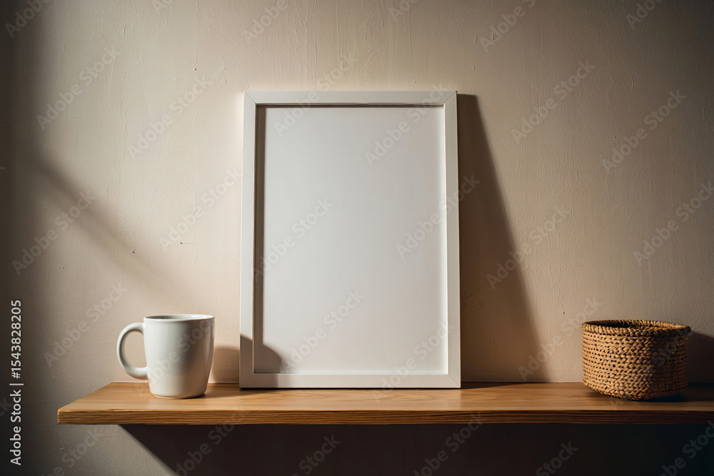 Poster white frame mockup on shelf with mug and basket for art and design display