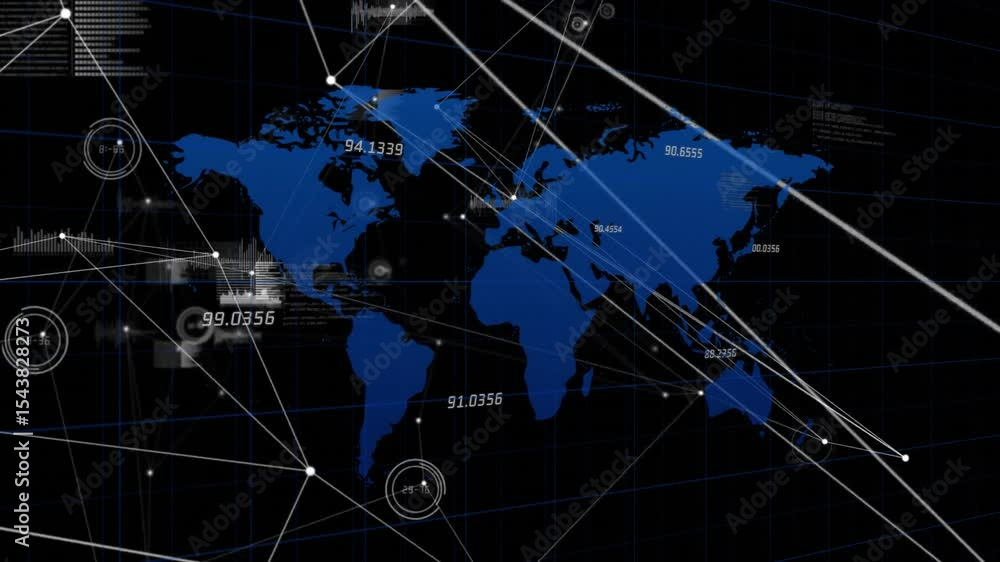 Poster opening interface showing blue world map pulsing circles numeric labels and fanning network lines
