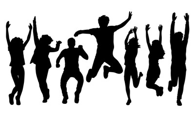 Silhouette of people jumping and raising their arms