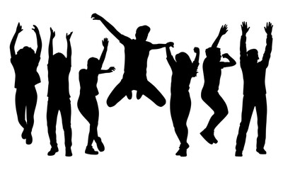 Fototapeta premium Silhouette of people jumping and raising their arms