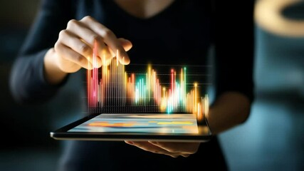 Close up hands of female entrepreneur using a digital tablet with glowing financial data graphs, futuristic fintech dashboard. Finance, innovation, trade and growth concept	
 - Powered by Adobe