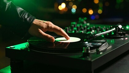 DJ hand mixing vinyl records at night.