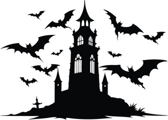 Flying bats silhouette, gothic tower scene, spooky Halloween vector, black and white illustration, on white background