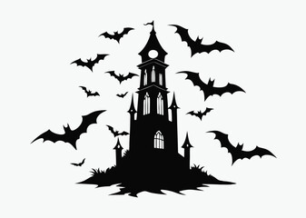 Flying bats silhouette, gothic tower scene, spooky Halloween vector, black and white illustration, on white background