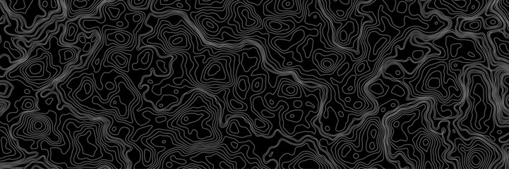 Abstract black and white topographic map illustration in vector style, showing contour lines, curves, and mountain ranges. Seamless pattern inspired by physical geography and terrain relief.