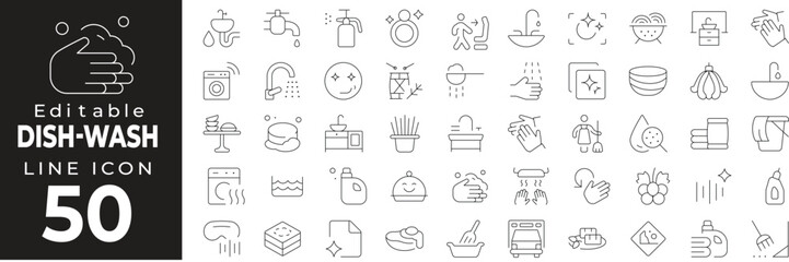 Dish wash set of web icons in line style. Dishwashing linear icon collection. Containing sponge, detergent, sink, plates, kitchen cleaning, foam, hygiene and more. Editable stroke