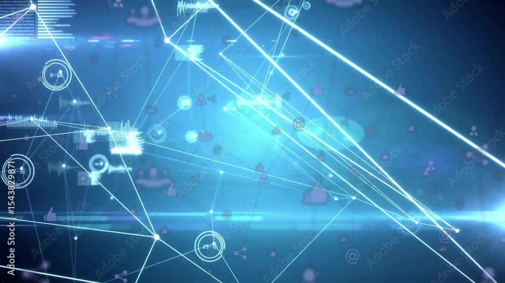 Poster after lines snapping, nodes and icons forming rotating network pulsing waveforms showing data flow