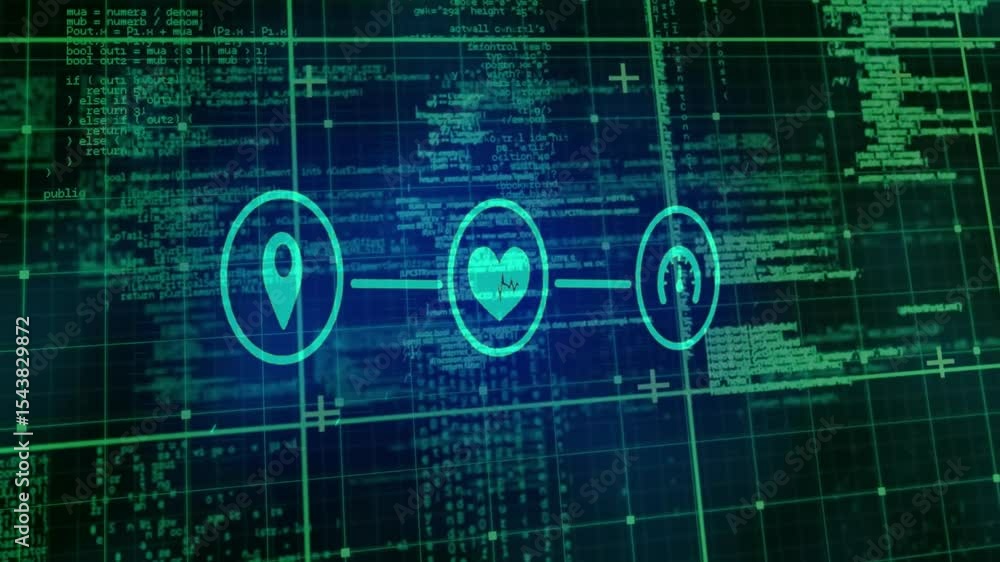 Poster scrolling code pin heart and gauge icons fading, lines connecting and pulsing visualizing data flow