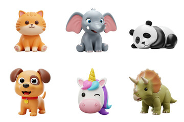 Set of colorful cartoon animal figurines including cat, dog, elephant, panda, unicorn, and triceratops  