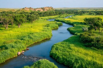 Serene River Winding Through Lush Green Farmland
