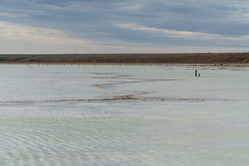 Drying salt lake Baskunchak on a summer day, Nizhny Baskunchak, Akhtubinsky district, Astrakhan...