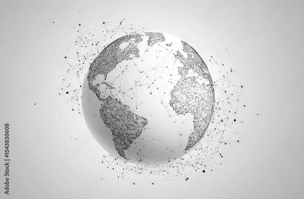 Poster abstract global network concept with planet earth and connecting dots, lines in a gray background ge