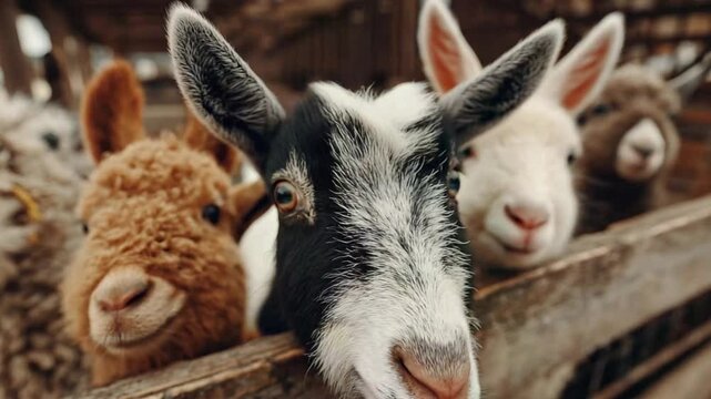 Curious Farm Animals: Goats and Sheep Peeking Over Fence in a Rustic Setting Video
