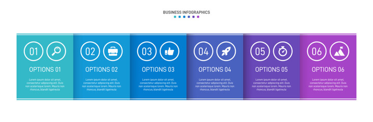 Horizontal progress bar featuring 6 arrow-shaped elements, symbolizing the six stages of business strategy and progression. Clean timeline infographic design template. Vector for presentation