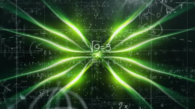 Upon startup neon beams converging at node pulsing equations symbols animating math progression