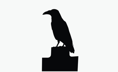 Raven on tombstone, Halloween grave marker, spooky silhouette bird, classic black vector, on white background