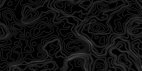 Abstract black and white topographic map illustration in vector style, showing contour lines, curves, and mountain ranges. Seamless pattern inspired by physical geography and terrain relief.