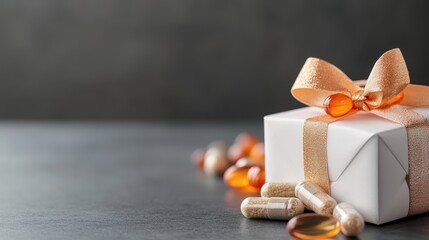 A beautifully wrapped gift box accompanied by vitamins and supplements, emphasizing health, wellness, and the spirit of giving in a minimalist setting.