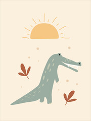 This charming boho crocodile wall art adds a whimsical touch to any child's nursery. The playful design features a friendly crocodile, warm sun, and colorful leaves, creating a serene atmosphere.