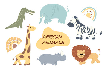This collection features charming illustrations of African safari animals, including a lion, elephant, zebra, and giraffe. Each character displays a whimsical style, perfect for children's decor.