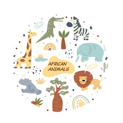 Engaging collection highlights a variety of African animals, including a giraffe, zebra, elephant, lion, and more, all arranged in a vibrant circular format filled with nature elements.