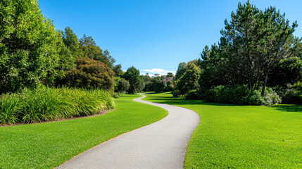 Serene pathway winds through lush green park, surrounded by vibrant trees and clear blue skies, inviting relaxation