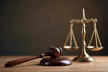 Wooden gavel and brass scales of justice on dark background, legal concept symbolizing law, judgment, fairness and courtroom decisions
