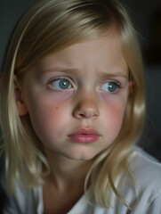 petite fille blonde en gros plan de face, triste sur le point de pleurer
