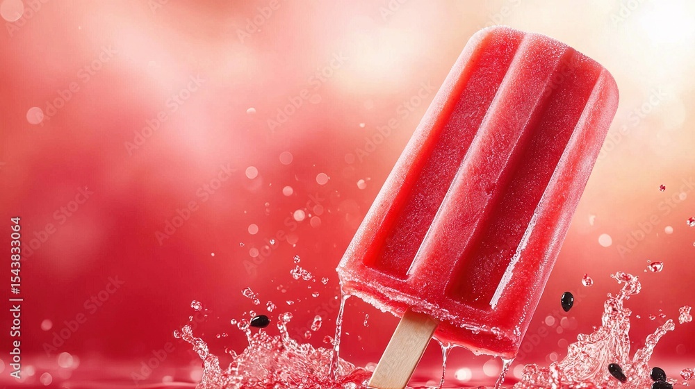 Poster a popsicle with a bite removed is sitting on a table with splashing water