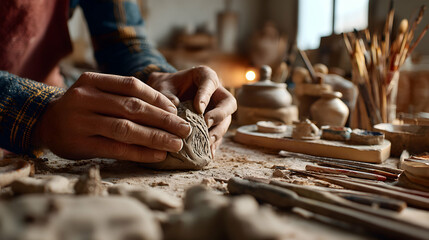 Pottery Artist Shaping Clay Artisan Hands Working on Rustic Table
