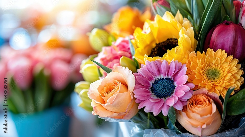 Poster close-up of bouquet in vase on table with other vases in background