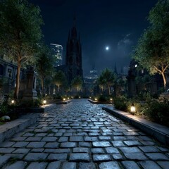 Fototapeta premium Night Cemetery Cobblestone Path Gothic Church Moonlit Cityscape