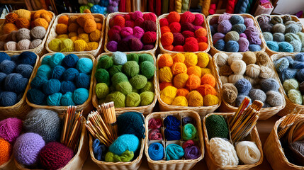 Yarn Balls in Baskets Colorful Craft Supplies Variety of Knitting Wool Bundles