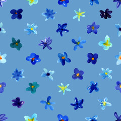 Seamless pattern with watercolor small blue flowers. Hand drawn chaotic ditsy garden flower. Simple Geometry tracery. Design for spring, summer textile, print, cards, fabric, background.