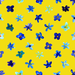 Seamless pattern with watercolor small blue flowers. Hand drawn chaotic ditsy garden flower. Simple Geometry tracery. Design for spring, summer textile, print, cards, fabric, background.