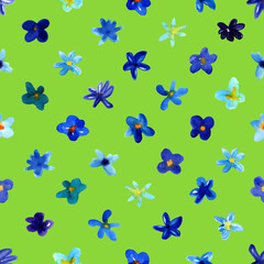 Seamless pattern with watercolor small blue flowers. Hand drawn chaotic ditsy garden flower. Simple Geometry tracery. Design for spring, summer textile, print, cards, fabric, background.